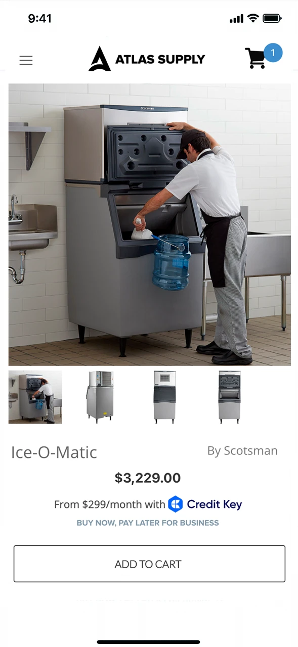 Credit Key shown on product detail page for restaurant equipment