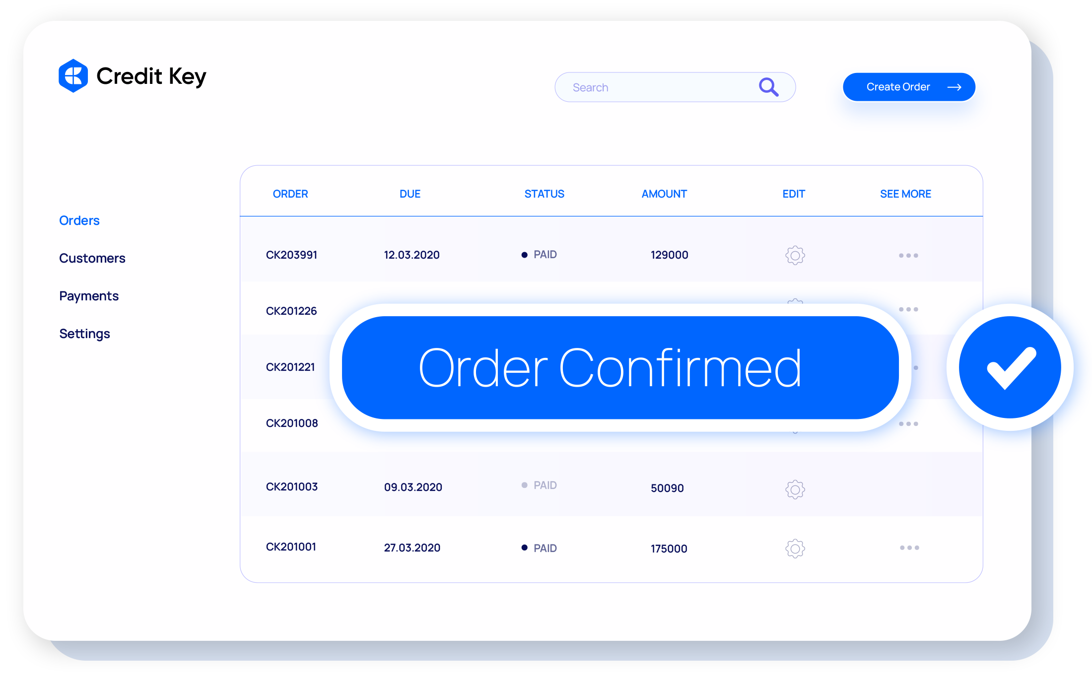 Screen in Credit Key portal showing order confirmation